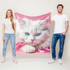 Weiße Katze mit rosa Ribbons Fleecedecke