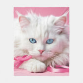 Weiße Katze mit rosa Ribbons Fleecedecke (Vorderseite)