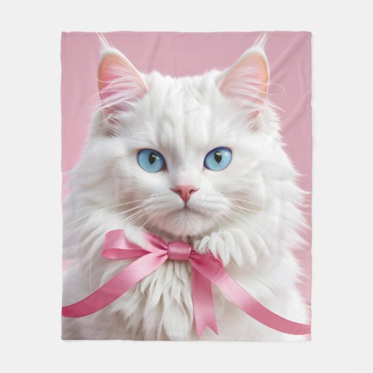Weiße Katze mit rosa Ribbons Fleecedecke (Vorderseite)