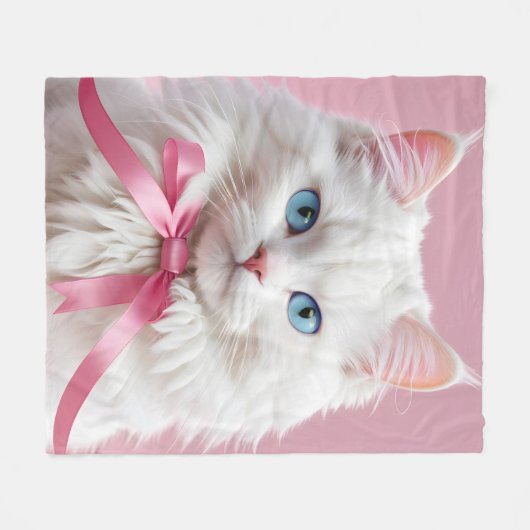 Weiße Katze mit rosa Ribbons Fleecedecke (Vorderseite (Horizontal))