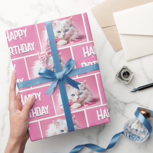 Weiße Katze mit rosa Ribbons Geschenkpapier (Schenken)