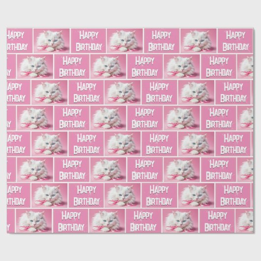 Weiße Katze mit rosa Ribbons Geschenkpapier (Flach)
