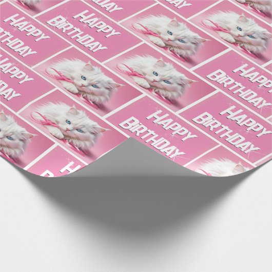 Weiße Katze mit rosa Ribbons Geschenkpapier (Ecke)