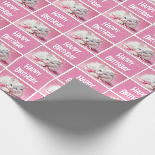 Weiße Katze mit rosa Ribbons Geschenkpapier (Ecke)