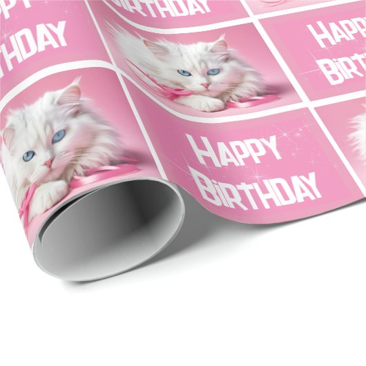 Weiße Katze mit rosa Ribbons Geschenkpapier (Rolleneckpunkt)