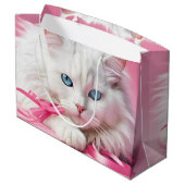 Weiße Katze mit rosa Ribbons Große Geschenktüte (Rückseite Schrägansicht)