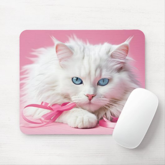Weiße Katze mit rosa Ribbons Mousepad (Mit Mouse)