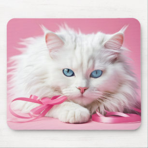 Weiße Katze mit rosa Ribbons Mousepad