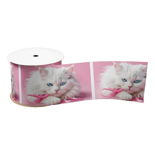 Weiße Katze mit rosa Ribbons Satinband (Spule)