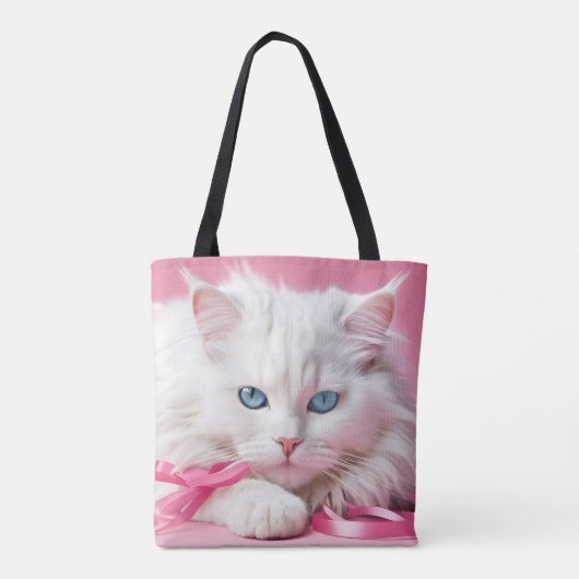 Weiße Katze mit rosa Ribbons Tasche (Rückseite)