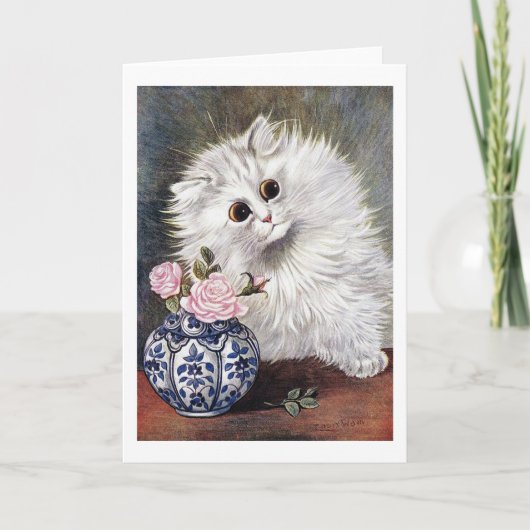 Weiße Katze mit rosa Rosen, Louis Wain Karte (Vorderseite)