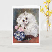 Weiße Katze mit rosa Rosen, Louis Wain Karte (Gelbe Blume)