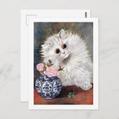 Weiße Katze mit rosa Rosen, Louis Wain Postkarte (Vorne/Hinten)