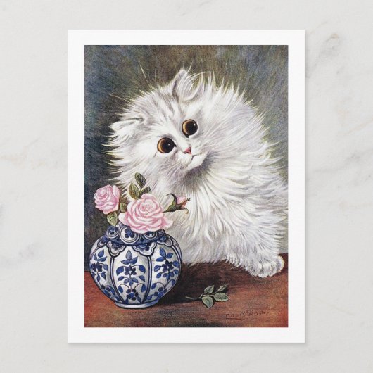 Weiße Katze mit rosa Rosen, Louis Wain Postkarte (Vorderseite)