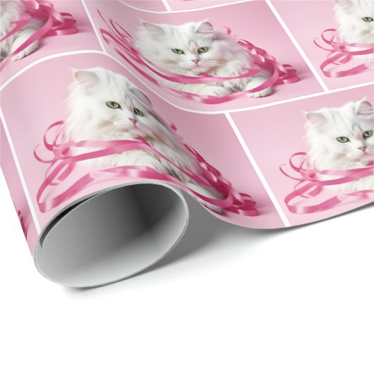 Weiße Katze mit rosafarbenem Kiefer Geschenkpapier (Rolleneckpunkt)