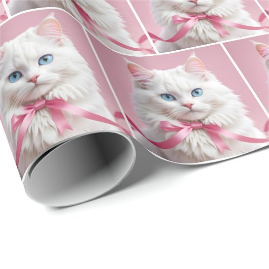 Weiße Katze mit rosafarbenem Kiefer Geschenkpapier (Rolleneckpunkt)