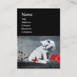 WEISSE KATZE MIT ROTEBUTTERFLY-MONOGRAMM, Perle Visitenkarte