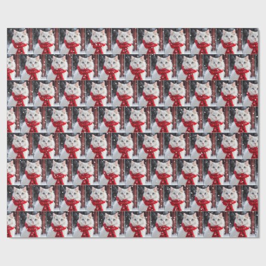 Weiße Katze mit rotem Scara in Schneeflocken Geschenkpapier (Flach)