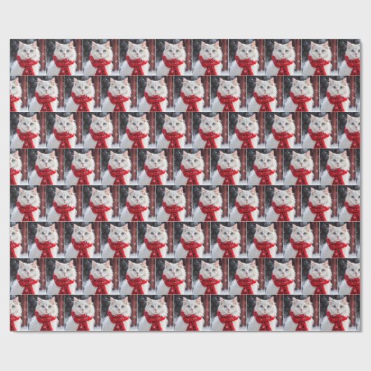 Weiße Katze mit rotem Winterschwalbe Geschenkpapier (Flach)