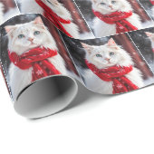 Weiße Katze mit rotem Winterschwalbe Geschenkpapier (Rolleneckpunkt)