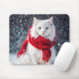 Weiße Katze mit rotem Wintertraf Mousepad