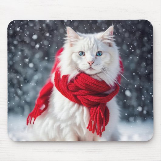 Weiße Katze mit rotem Wintertraf Mousepad (Vorne)