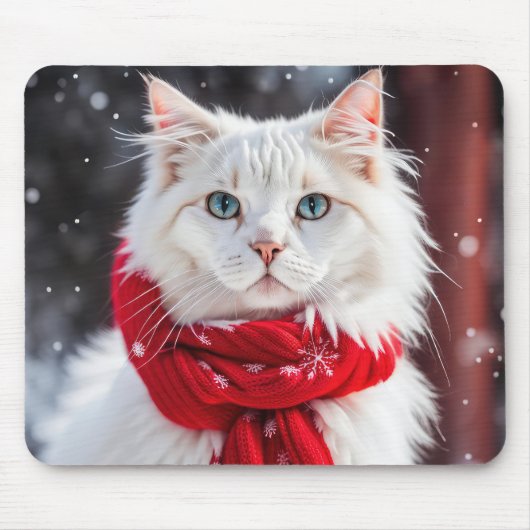 Weiße Katze mit rotem Wintertraf Mousepad (Vorne)