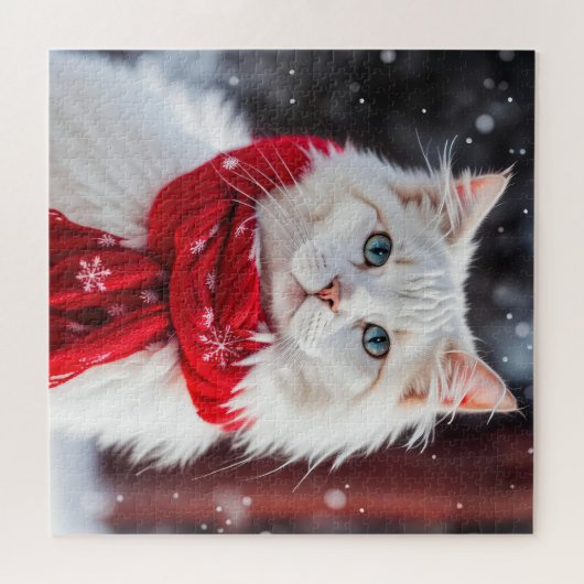 Weiße Katze mit rotem Wintertraf Puzzle (Horizontal)