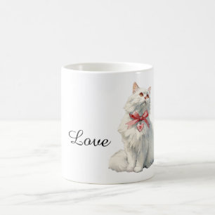 Weiße Katze mit roter Schleife Herzanhänger Kaffeetasse