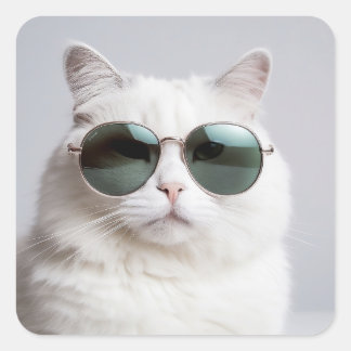 Weiße Katze mit Sonnenbrille, coole Katze, hübsche Quadratischer Aufkleber