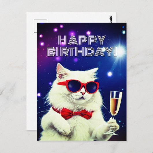 Weiße Katze mit Sonnenbrille zum Toasten am Geburt Postkarte (Vorne/Hinten)
