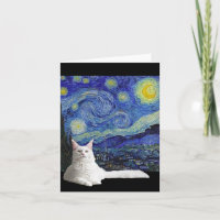 Weiße Katze mit Van Gogh Starry Night Card