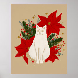 Weiße Katze mit Weihnachtsblättern - Klassik Poster