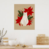 Weiße Katze mit Weihnachtsblättern - Klassik Poster (Küche)