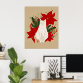 Weiße Katze mit Weihnachtsblättern - Klassik Poster (Heimbüro)