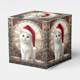 Weiße Katze mit Weihnachtsmannmütze Geschenkschachtel