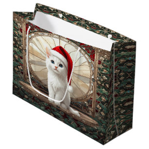 Weiße Katze mit Weihnachtsmannmütze Geschenktüte