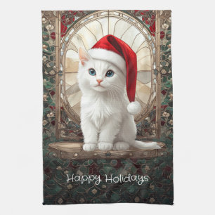 Weiße Katze mit Weihnachtsmannmütze Küche Geschirrtuch