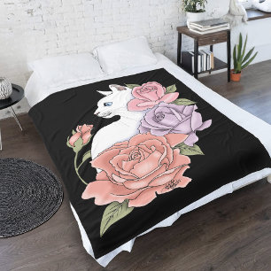 Weiße Katze Pastell-Blumen Schwarz Romantische Bot Fleecedecke