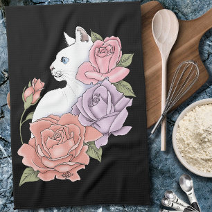 Weiße Katze Pastell-Blumen Schwarz Romantische Bot Geschirrtuch