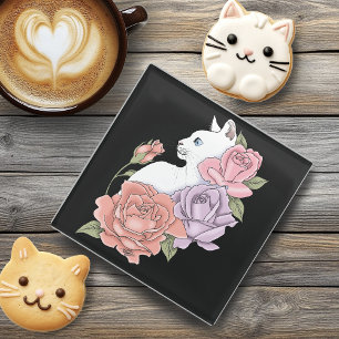Weiße Katze Pastell-Blumen Schwarz Romantische Bot Glasuntersetzer