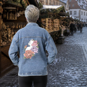 Weiße Katze Pastell-Blumen Schwarz Romantische Bot Jeansjacke