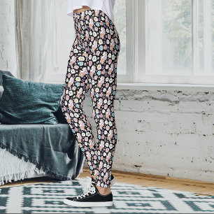Weiße Katze Pastell-Blumen Schwarz Romantische Bot Leggings