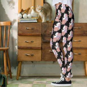 Weiße Katze Pastell-Blumen Schwarz Romantische Bot Leggings