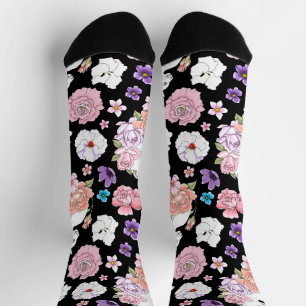 Weiße Katze Pastell-Blumen Schwarz Romantische Bot Socken