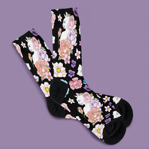 Weiße Katze Pastell-Blumen Schwarz Romantische Bot Socken