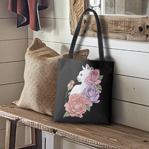 Weiße Katze Pastell-Blumen Schwarz Romantische Bot Tasche