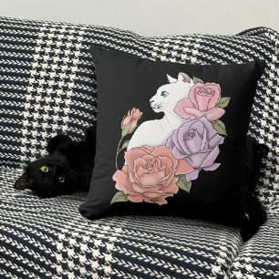 Weiße Katze Pastell Blumig Schwarz Romantische Bot Kissen