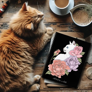 Weiße Katze Pastell Blumig Schwarz Romantische Bot Notizblock