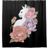 Weiße Katze Peach Lavendel Pink Roses Duschvorhang (Vorderseite)